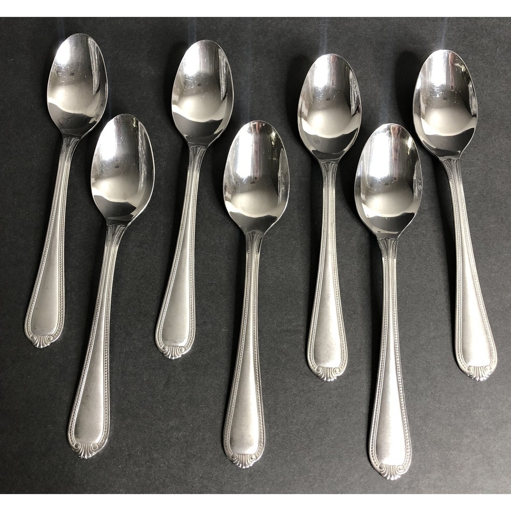 Cambridge VERONA SAND Soup Spoons 7 3/4" Across Beaded Scroll Pattern Set of 7
